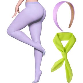 Crowye Purple Headband Green Scarf Green Chiffon Scarf Solid Colored Footed Tights Adult Halloween Party Cosplay Set