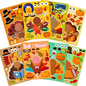 56 Sheets Thanksgiving Crafts Stickers for Kids, Thanksgiving Make-A-Turkey Face Stickers for Boys Girls Thanksgiving Activities Party Games Favors Gifts Supplies (Small Size & 8 Designs)