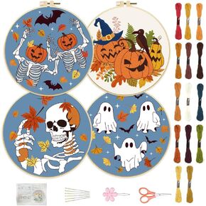 FREEBLOSS 4 Set 11.8'' Embroidery Kit for Beginners Autumn Halloween Ghost Pumpkin Pattern Embroidery Kit with Instructions Full Kit of Embroidery Cloth 2 Embroidery Hoops 14 Colors Flosses