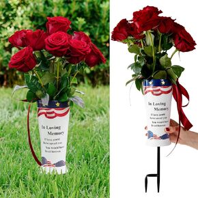 Patriotic Cemetery Flower Vase With Secure Metal Stake Weatherproof Polyresin Grave Decor With USA Flag Heavy-Duty Wind Resistant Memorial Vase For Outdoor Gravesites Stable In Harsh Conditions