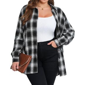 IN'VOLAND Womens Plus Size Button Down Flannel Shirts Long Sleeve Plaid Shackets Business Casual Blouse Top