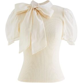 CHICWISH المرأة انفصال Bowknot الرقبة قصيرة فقاعة كم أنيقة متماسكة قمم الصيف بلون بلوزة أعلى in Kuwait