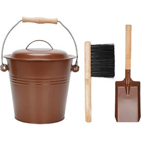 MINI Ash Bucket with Lid, 1.5-Gallon Pail with Shovel and Hand Broom, Metal Bucket Coal and Ash Carrier Wood Pellet Storage Container Tool set for Fireplace Fire Pit, Wood Burning Stove (PARTS INSIDE)