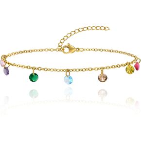 Gold Rainbow Ankle Bracelet for Women Waterproof, 18k Gold Plated Titanium and Stainless Steel Dainty Colorful CZ Beach Summer Foot Jewelry Anklet
