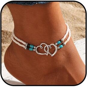 Elastic Beaded Ankle Bracelet for Women Double Hollow Hearts Stretch Anklet Layered Beaded Anklet Dainty Boho Anklets Cute Foot Jewelry Summer Beach Jewelry