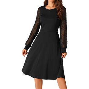 Seta T Women's Long Sleeve Dresses Round Neck Elegant Cocktail Party Work Knee Length Dress