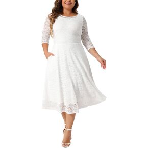 Agnes Orinda Plus Size Dress for Women Floral Lace Scooped Neckline 3/4 Sleeves with Pocket Knit Cocktail Party Dresses