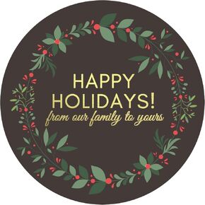 Mobiusea Creation Happy Holidays Stickers | Envelope Seals | 1.4 inch | Gold Foil | Black Wreath Christmas Stickers | Waterproof | 90-Pack for Christmas Gifts, Envelopes, Holiday Cards