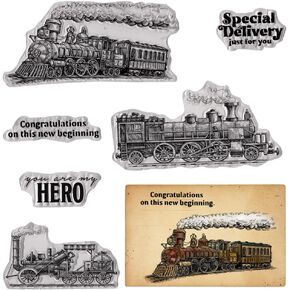 ALIBBON Vintage Trains Clear Stamps for Card Making and Photo Album Decorations, Steam Car Clear Stamps, You are My Hero Words Transparent Silicone Clear Stamps for Crafting and DIY Scrapbooking