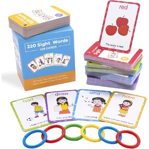بطاقات فلاش Conzy Dolch Sight Words للأطفال الصغار في رياض الأطفال من الصف الأول إلى الصف الثالث، 220 كلمة بصرية مع صور وجمل للأطفال الذين يتعلمون القراءة، 5 مستويات من الصعوبة، 6 حلقات فرز
