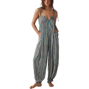 Women Boho Floral Loose Overalls Sleeveless Tie Up Boat Neck Ruched Spaghetti Strap Jumpsuit Baggy Long Romper