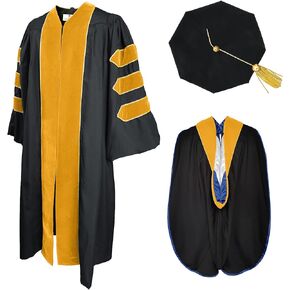 GradPlaza Doctoral Graduation Gown Doctoral Regalia by University Doctoral Hood with Gold Piping and Doctoral Tam 8 Sides