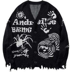 SHENHE Men's Gothic Graphic Cardigan Grunge Button Down Ripped Streetwear V Neck Cardigan Sweater