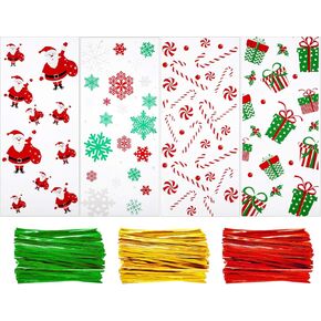 Boao 100 Pcs Christmas Cellophane Bag with Ribbon Christmas Gift Bags Christmas Goodie Bags Holiday Treat Bags for Cookies Xmas Winter Party Supplies Favors