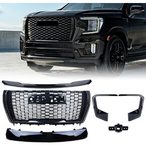 Front Grille 6Pcs Compatible for 2021 2022 2023 2024 GMC Yukon/Yukon XL Denali Raptor Style Front Upper Grill，Lower Hood Trim Molding，Front Cover Plate，Fog Light Bezels，Camera Bracket (Gloss Black)