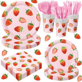 168 Pcs Strawberry Birthday Decorations Strawberry Party Decorations Includes Plates, Napkins, Cups, Cutlery for Berry First Birthday Decor, Serve 24