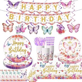 164pcs Butterfly Birthday Decorations Tableware Set, Butterfly Baby Shower Decorations, Butterfly Birthday Party Supplies Tableware for Girl Baby Shower Birthday Decorations