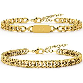 2PCS Initial Letter Cuban Bracelet, A-Z Letter Pendant Stainless Steel Gold Cuban Link Chain for Men Women Jewelry Set Valentines Day Birthday Christmas Gift for Him Her