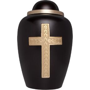 Brown Funeral Urn with Gold Cross - Cremation Urn for Human Ashes - Hand Made in Brass - Suitable for Cemetery Burial or Niche - Large Size fits Remains of Adults up to 200 lbs - Parana Model