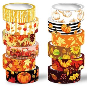 Fall Washi Tape Set,12 Rolls Autumn Leaves Decorative Tape Pumpkin Maple Leaves Gnome Sunflower Thanksgiving Masking Tape for Journaling Supplies, Junk Journal, Scrapbooking, DIY Arts & Crafts