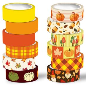 Washi Tape Set,12 Rolls Fall Decorative Tape Autumn Pumpkin Maple Leaves Thanksgiving Masking Tape for Journaling Supplies, Junk Journal, Scrapbooking, DIY Arts & Crafts, Gift Wrapping