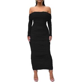 Women Off Shoulder Ruched Going Out Formal Club Bodycon Mesh Dress