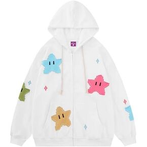 Tooe Women's Preppy Star Zip Up Hoodies Y2K Graphic Vintage Jacket Harajuku Baggy Sweatshirts Alt Long Sleeve Clothes