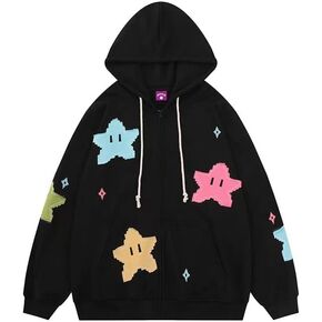 Tooe Women's Preppy Star Zip Up Hoodies Y2K Graphic Vintage Jacket Harajuku Baggy Sweatshirts Alt Long Sleeve Clothes