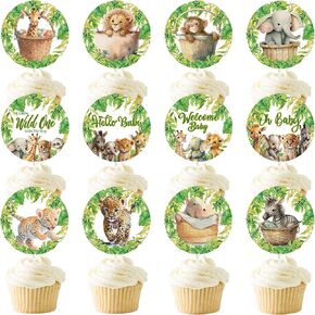 48Pcs Safari Baby Shower Cupcake Topper Decorations, Watercolor Baby Safari Animal Cake Toppers Jungle Theme Baby Shower Decor, Jungle Safari Animal Party Decorations for Boy Girl Baby Shower