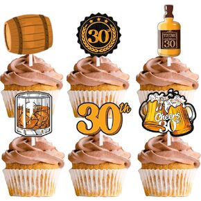 18pcs Brown Glitter Dessert Cupcake Topper Aged to Perfection Cheer 30 Whiskey Festival Traditional Oktoberfest Festival Theme Decor Supplies Men Happy 30th Birthday Decorations