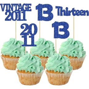 Gyufise 24Pcs 13th Birthday Cupcake Toppers Glitter Thirteen Vintage 2011 Official Teenager 13 Cupcake Picks Birthday Cake Decorations for Happy 13th Birthday Anniversary Party Supplies Deep Blue