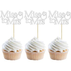 Gyufise 24Pcs Silver Glitter Miss to Mrs Cupcake Toppers with Ring Wedding Engagement Cake Picks Decorations for Bridal Shower Birthday Party Decorations Supplies