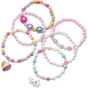 6 Pcs Set Colorful Beads Princess Bracelets Cute Rainbow Stretchy Pink Love Bracelet Costume Jewelry for