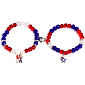 Patriotic Matching Bracelets 4th of July American Flag Star Attraction Heart Natural Stone Beads Bracelet Memorial Independence Day Costume