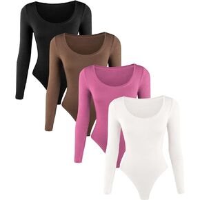 Bodysuits for Women, Long Sleeve Bodysuit Pack, Women's Ribbed Bodysuits Basic, Stretchy,Square/Scoop/Crew/Turtle Neck