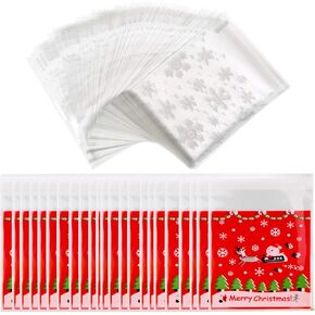 200 Pieces Christmas Cellophane Treat Bags Snowflake Candy Bags Self Adhesive Clear Cookie Bags with Elk Patterns for Christmas Holiday Party Supplies Gift, 2 Styles