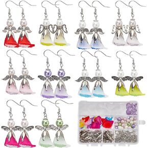 SUNNYCLUE 1 Box 10 Pairs Christmas Earring Kits Winter Angel Beads Guardian Angel Charm Bulk Wing Charms Flower Bead Caps Glass Pearl Beads for Jewelry Making Kits DIY Dangle Earrings Supplies