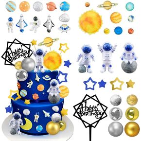 40PCS Astronaut Space Cake Toppers Outer Space Astronaut Figurine Meteorite Planet Rocket Stars and Gold Silver Ball Space Theme Cake Decorations for Baby Shower Kids Birthday Party Supplies