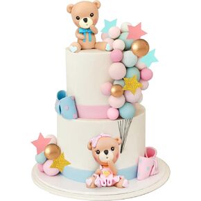 Bear Cake Toppers Pink Blue Bear Figurine Cake Decorations Pearl Balls for Baby Shower Gender Reveal Party Birthday Party Bear Theme Party Supplie (01)