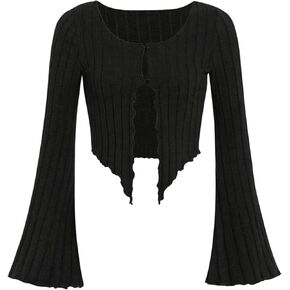 OYOANGLE Girl's Button Front Asymmetrical Split Hem Long Sleeve Top Lettuce Trim Ribbed T Shirts