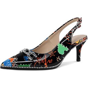 SAMMITOP Slingback Heels for Women Pointed Toe Kitten Low Heel Pumps Silver Beaded Metal Buckle Comfortable Slip On Party Prom Dress Shoes 2.4 Inch