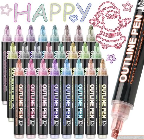 12 Colors Shimmer Outline Markers Double Line: Metallic Glitter Pens Set for for Christmas Greeting Cards, Doodling, DIY Photo Album, Scrapbook Crafts, Metal, Ceramic, Glass, Christmas Decor in Kuwait