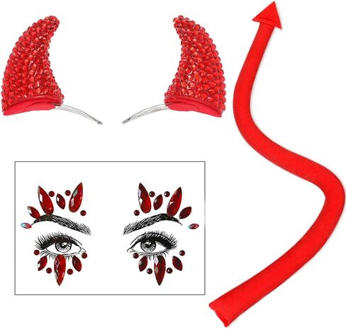 Demon Halloween Devil Costume Set, Bling Devil Horns Hair Clips and Tail and Face Diamond Sticker for Halloween Accessories in Kuwait