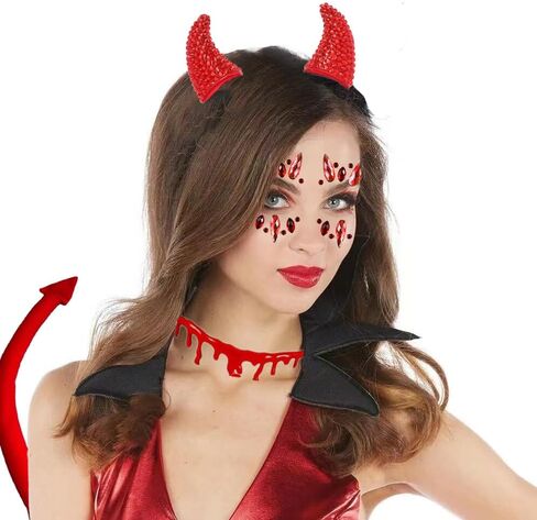 Demon Halloween Devil Costume Set, Bling Devil Horns Hair Clips and Tail and Face Diamond Sticker for Halloween Accessories in Kuwait