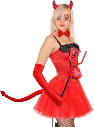Demon Halloween Devil Costume Set, Bling Devil Horns Hair Clips and Tail and Face Diamond Sticker for Halloween Accessories in Kuwait