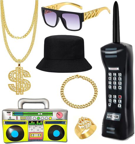 7 Pcs 80s 90s Hip Hop Costume Outfit Kit Inflatable Radio Boombox Necklace Bracelet Ring Sunglasses Hat Rapper Accessories in Saudi Arabia