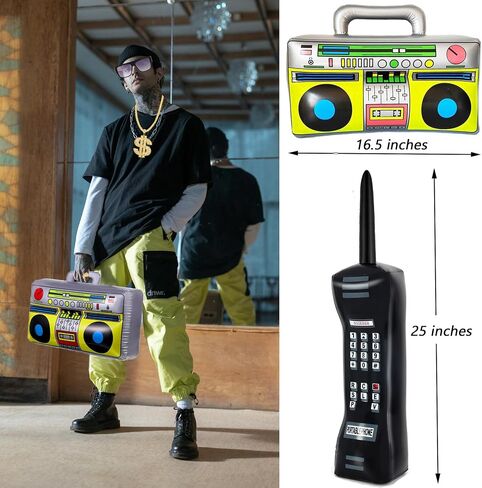 7 Pcs 80s 90s Hip Hop Costume Outfit Kit Inflatable Radio Boombox Necklace Bracelet Ring Sunglasses Hat Rapper Accessories in Saudi Arabia