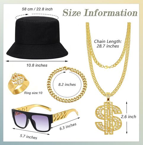 7 Pcs 80s 90s Hip Hop Costume Outfit Kit Inflatable Radio Boombox Necklace Bracelet Ring Sunglasses Hat Rapper Accessories in Saudi Arabia