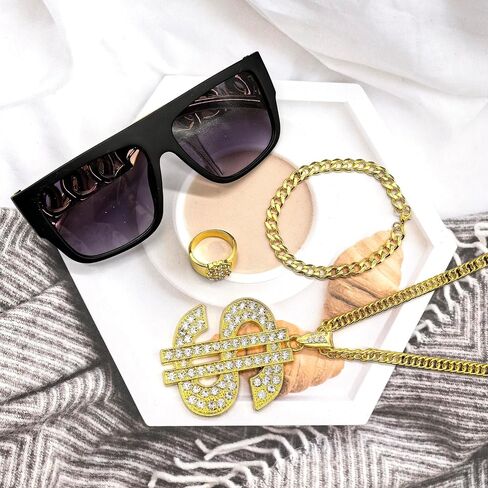7 Pcs 80s 90s Hip Hop Costume Outfit Kit Inflatable Radio Boombox Necklace Bracelet Ring Sunglasses Hat Rapper Accessories in Saudi Arabia