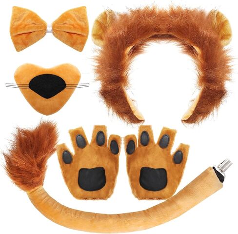 6Pcs Lion Costume Lion Ears Headband and Tail Set Nose Bowtie Gloves Halloween Cosplay Accessories Party Supplies for Kids Adults Brown in Saudi Arabia